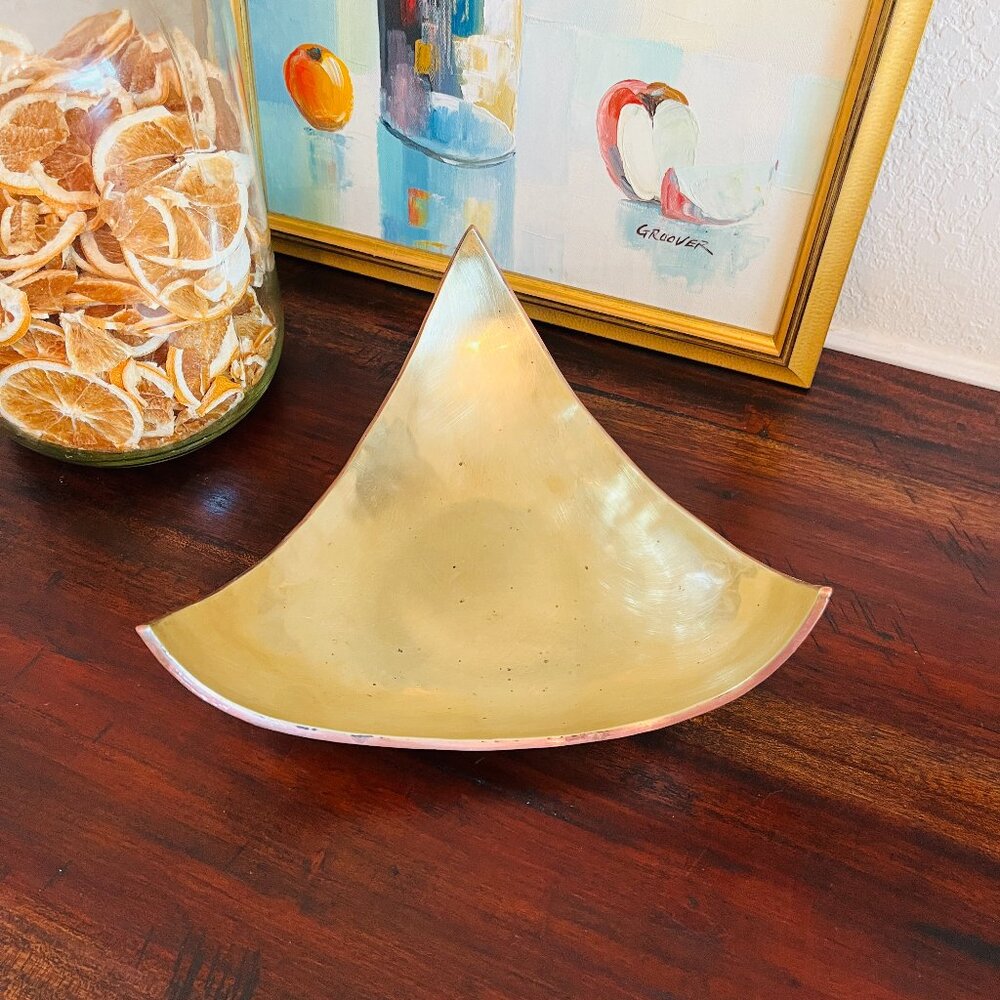 Vintage Brass & Copper Trim Coffee Table Triangle Bowl Cottagecore Traditional